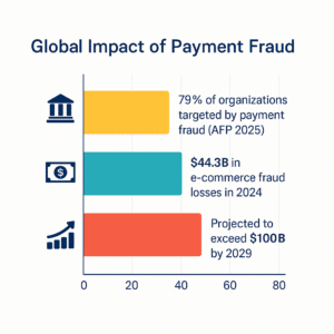 Infographic showing statistics on payment fraud: 79% of organizations targeted, $44.3B in e-commerce fraud losses in 2024, and losses projected to exceed $100B by 2029.