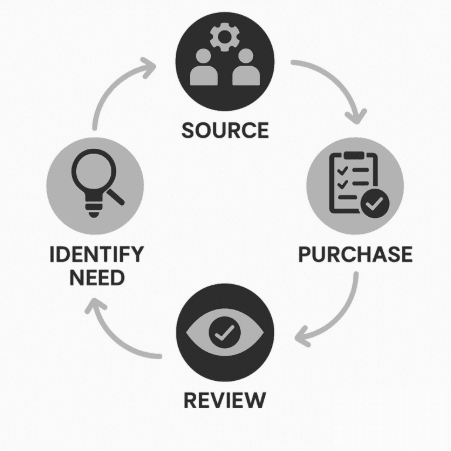 A circular flowchart with four stages: Identify Need, Source, Purchase, and Review, each represented by a simple icon and connected by arrows.