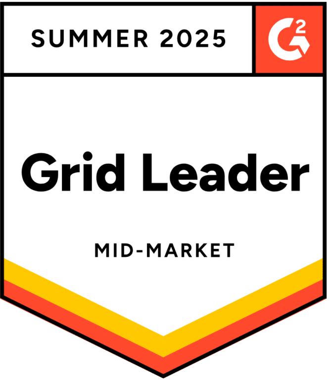 G2 badge for Summer 2025 showing "Grid Leader" in the Mid-Market category, with yellow and orange accents.