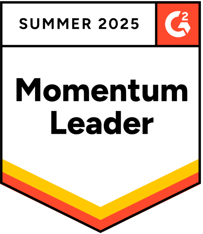 G2 badge displaying "Summer 2025 Momentum Leader" with a red, yellow, and orange border and the G2 logo in the upper right corner.