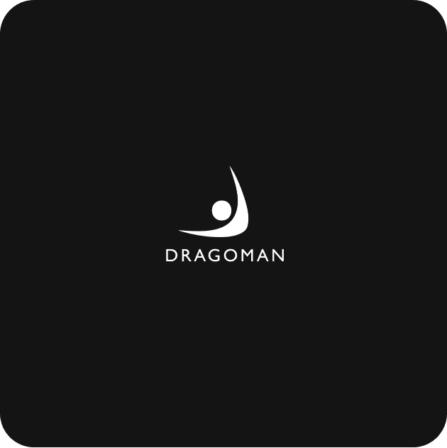 A white abstract human figure and the word "DRAGOMAN" are centered on a black background with rounded corners.