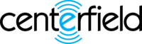 The Centerfield logo features the word "centerfield" in lowercase black letters, with a blue stylized "e" surrounded by concentric arcs.