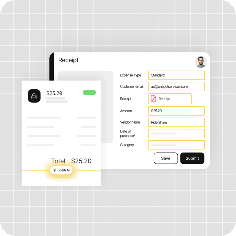 A digital receipt for $25.20 is shown alongside an online form with prefilled fields for expense type, email, amount, vendor name, and date of purchase.
