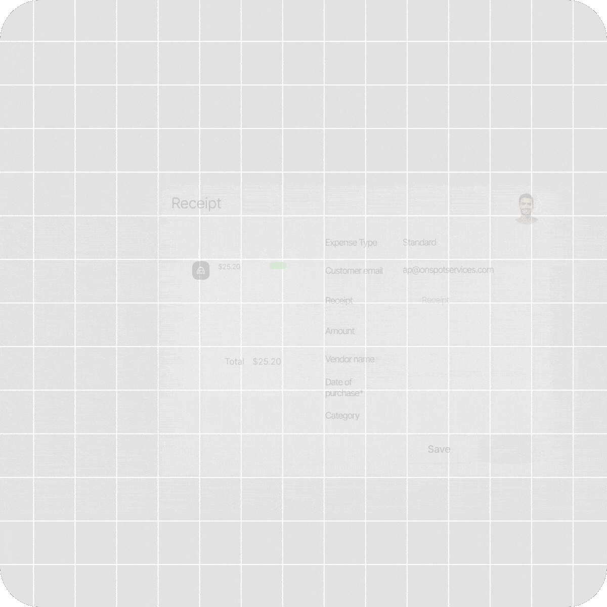 A faint digital receipt form is overlaid on a grid background with rounded green corners.