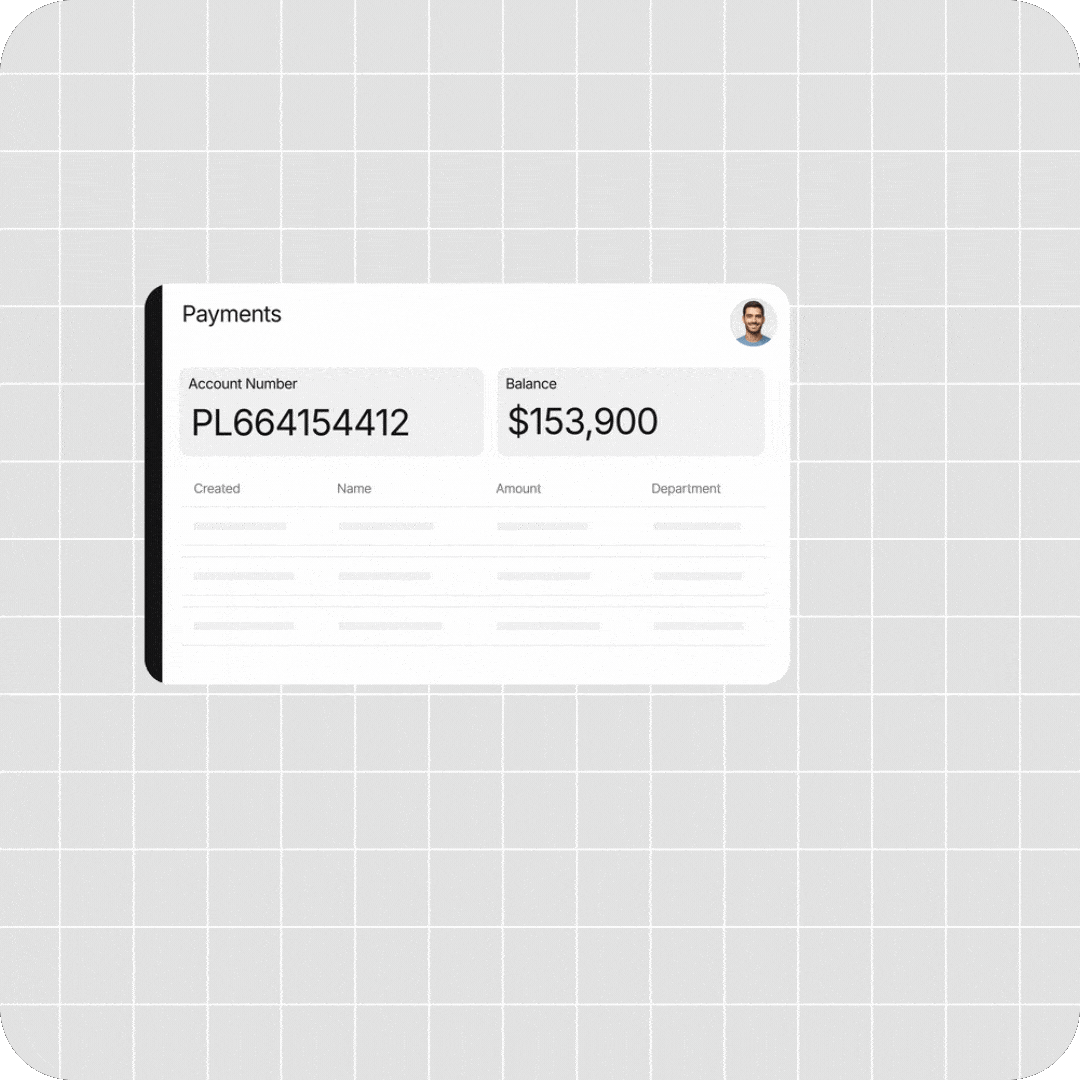 A digital payment dashboard shows an account number PL664154412 and a balance of $153,900, with additional blurred transaction details below.