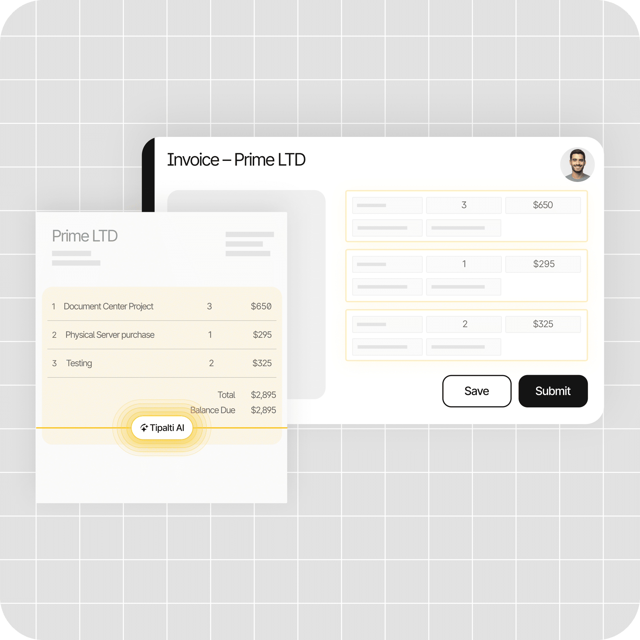 Invoice interface for Prime LTD showing a list of billed items, amounts, total balance due, and options to save or submit payment.