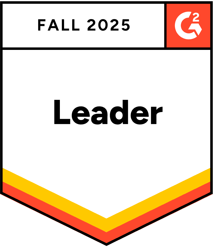 A badge with "Fall 2025" at the top, the G2 logo in the corner, and "Leader" in bold text in the center, with a red and yellow striped border at the bottom.