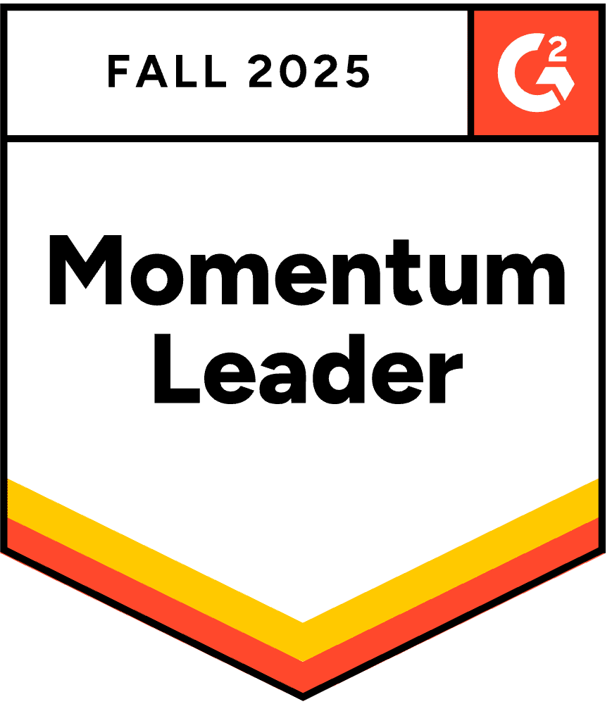 G2 badge displaying "Summer 2025 Momentum Leader" with a red, yellow, and orange border and the G2 logo in the upper right corner.