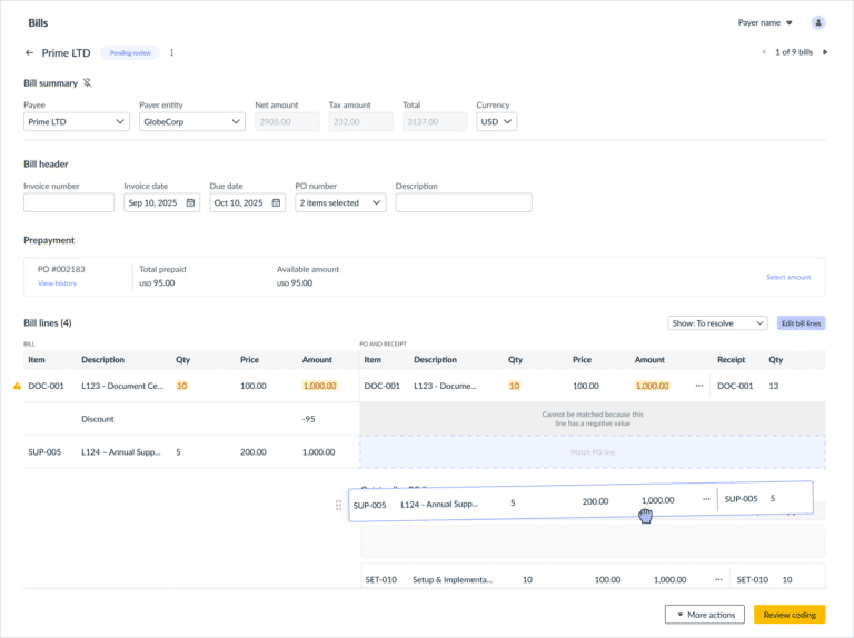 A billing software interface displays bill details, line items, amounts, bill summary, and cost allocation slider, with options for reviewing and editing coding.
