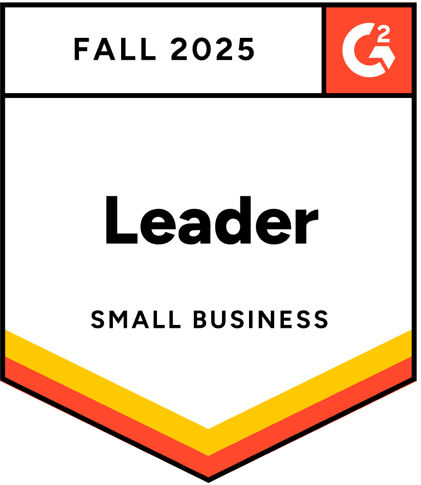G2 Fall 2025 badge showing "Leader" and "Small Business" in bold text with an orange and yellow border at the bottom.
