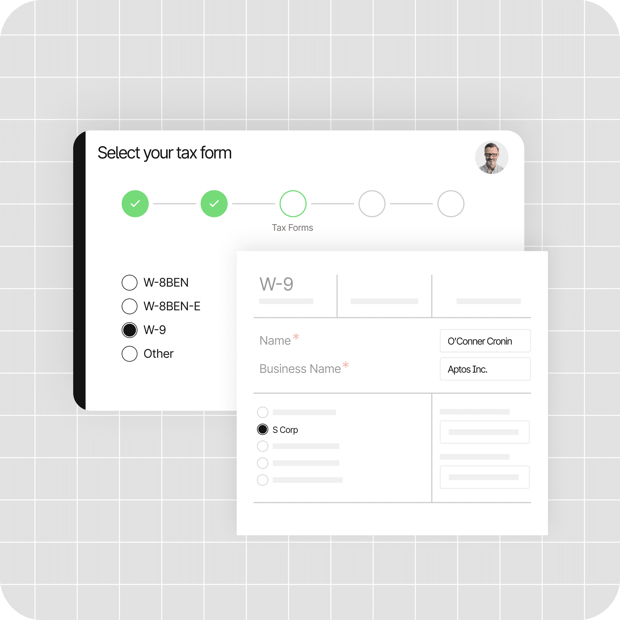 A user interface shows a tax form selection process with W-9 chosen and a partially filled W-9 form displayed, including company and business name fields.