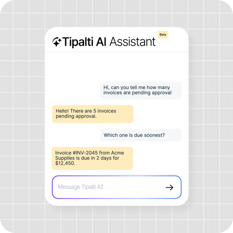 A chat interface shows a user asking the Tipalti AI Assistant about pending invoices; the AI responds with details of five invoices and identifies the one due soonest.