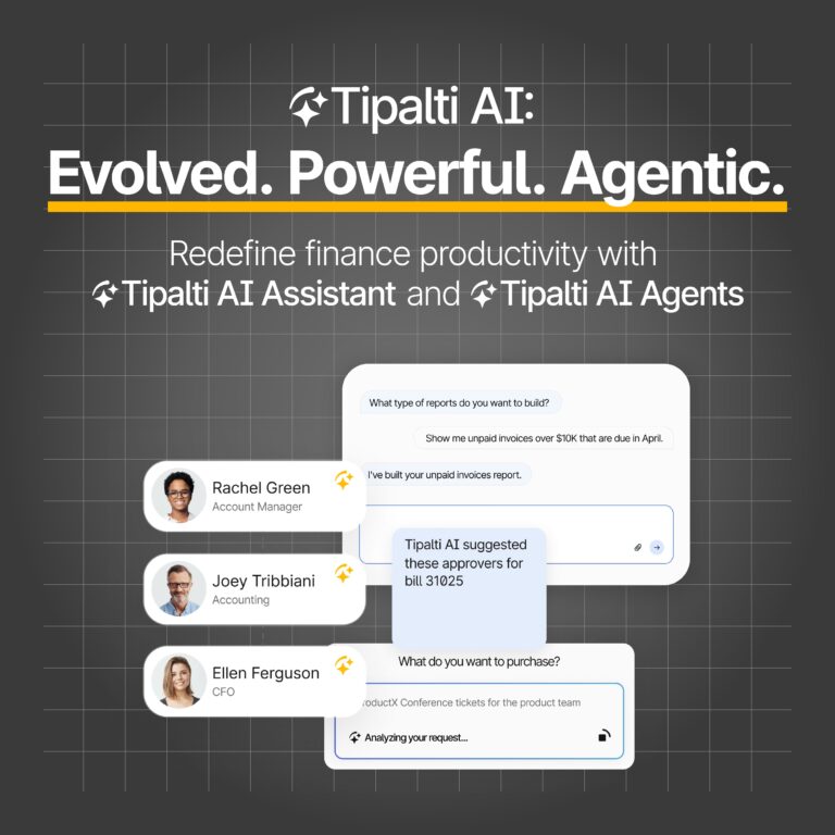 A promotional graphic for Tipalti AI, showing chat interface examples and user profiles for finance productivity tools, highlighting Tipalti AI Assistant and Tipalti AI Agents.
