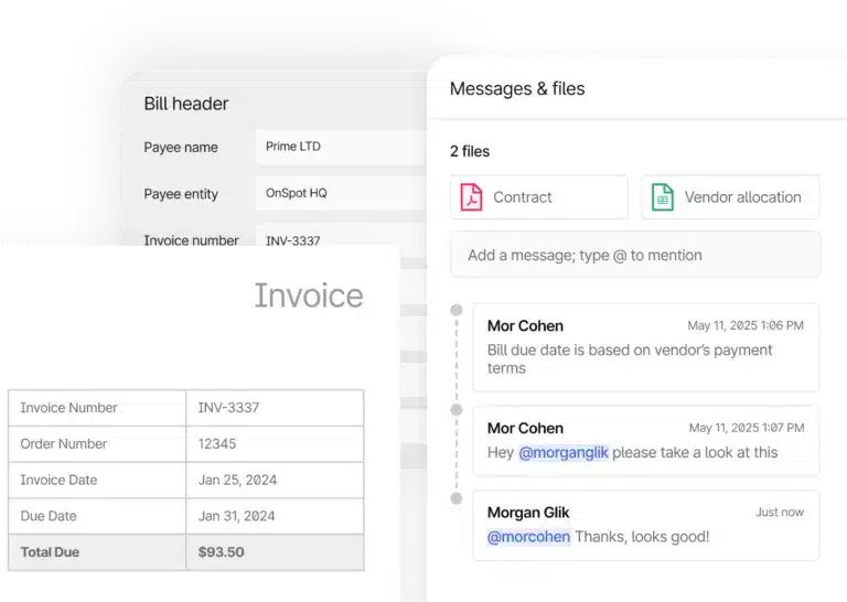A digital interface displays an OCR invoice processing summary on the left and a chat with attached files and messages about the invoice review process on the right.