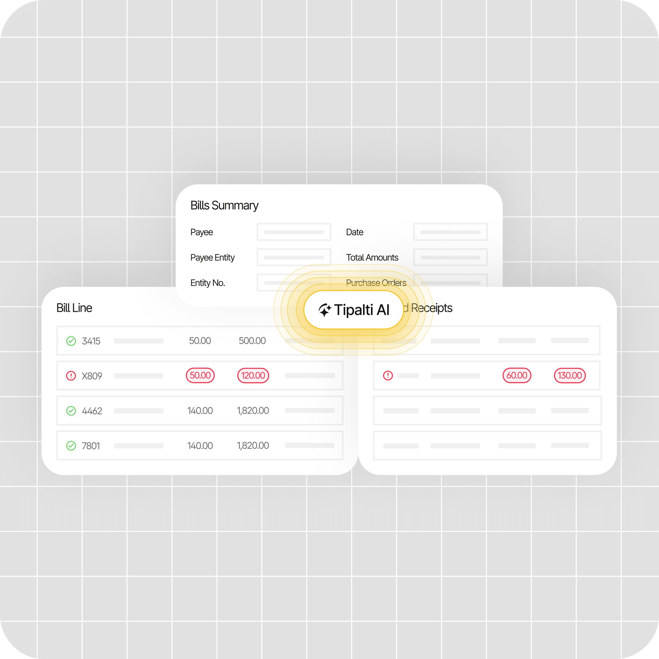 Digital dashboard showing bills summary, bill line, and receipts data connected by Tipalti AI, displayed on a gray grid background.