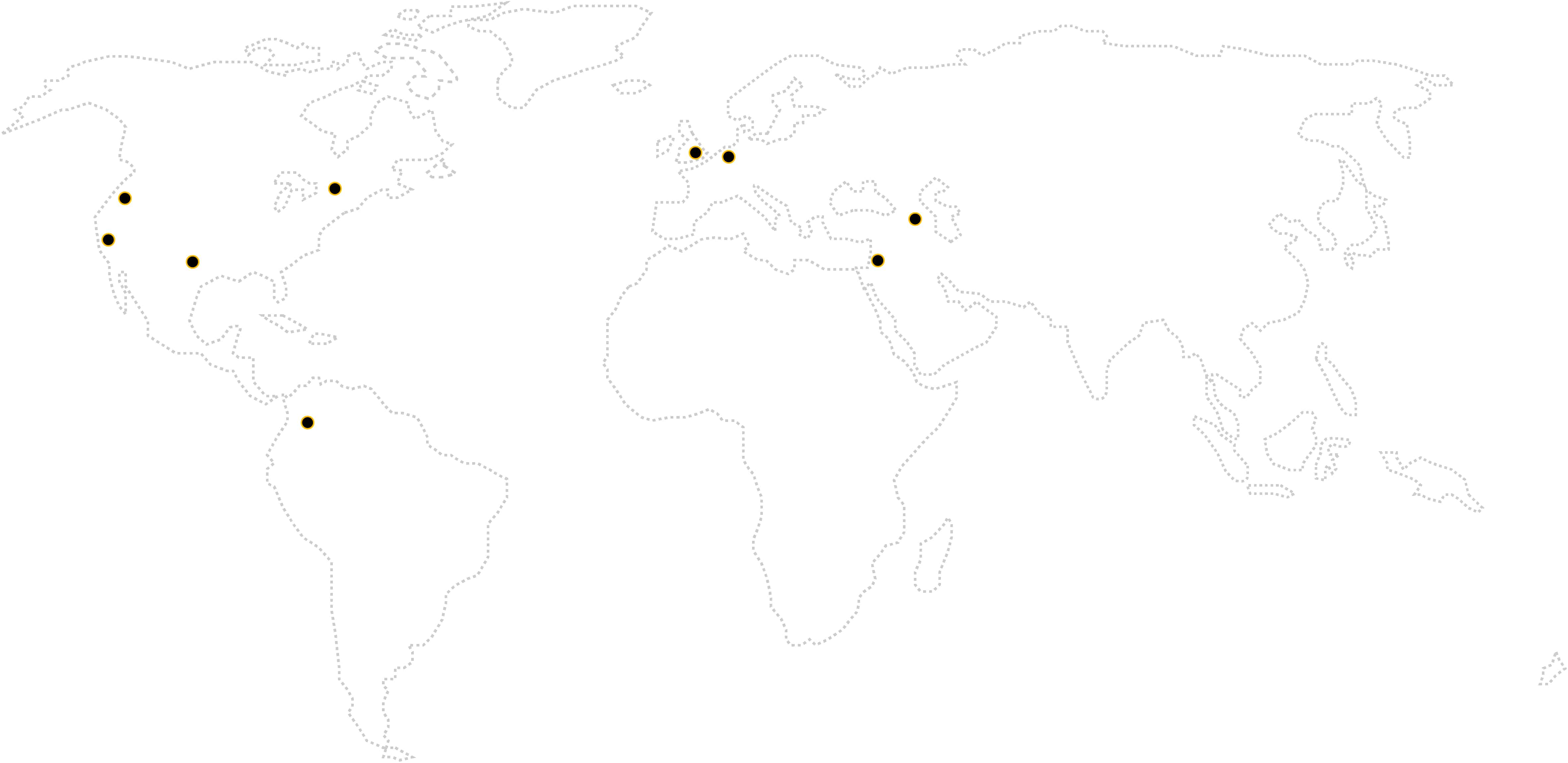 A world map with seven black dots marking locations across North America, Central America, and Europe. The rest of the continents have no marked points.
