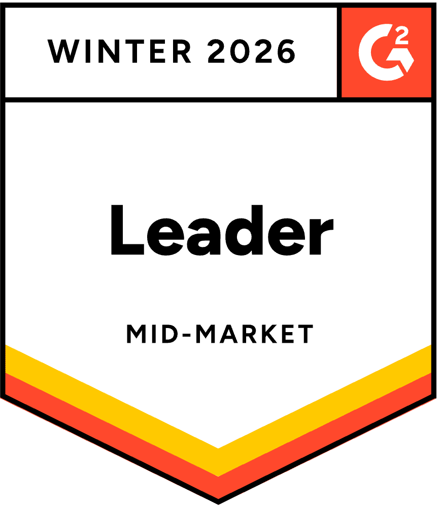 G2 badge for Summer 2025 showing "Grid Leader" in the Mid-Market category, with yellow and orange accents.
