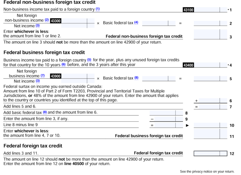 A filled-out Canadian tax form section, referencing a 1042-S, shows calculations for foreign non-business and business income tax credits, with various line numbers, amounts, and instructions.