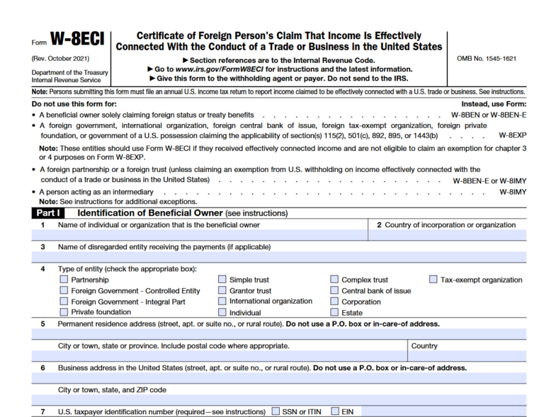 Screenshot of IRS Form W-8ECI, titled "Certificate of Foreign Person’s Claim That Income is Effectively Connected With the Conduct of a Trade or Business in the United States," showing key sections and w 8eci instructions.
