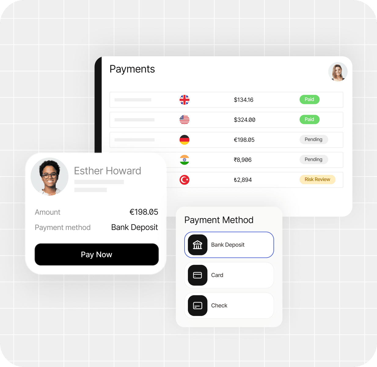 A user interface displays payment statuses, recipient details, payment amounts, and payment method options including bank deposit, card, and check.