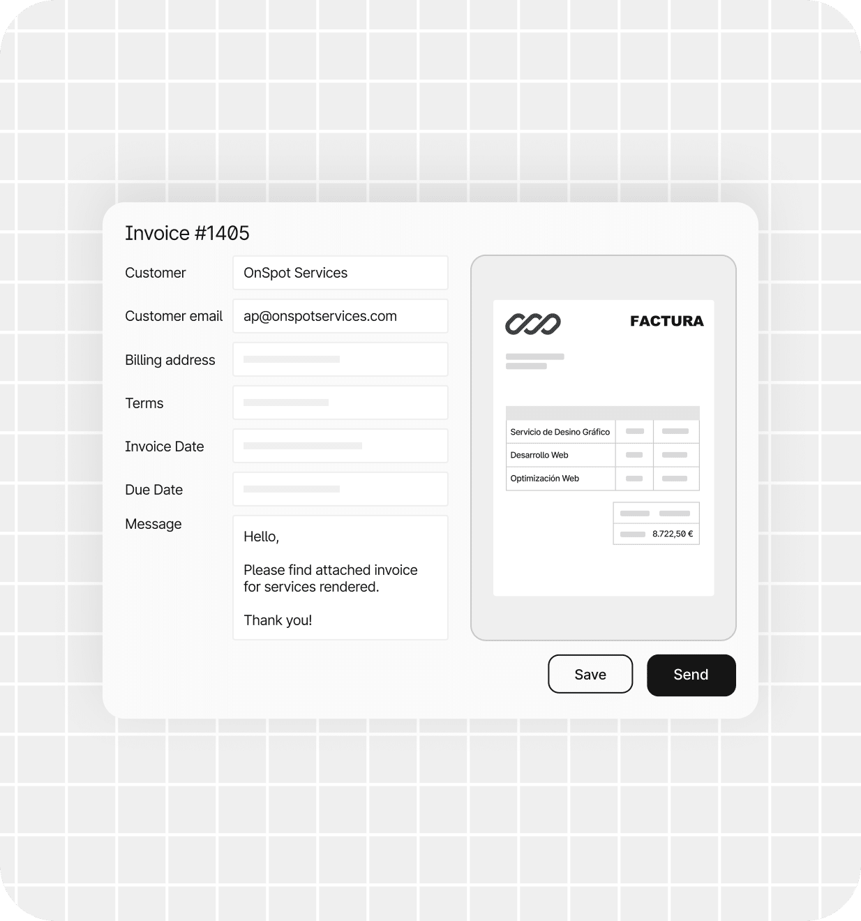 A digital invoice form for OnSpot Services is displayed, showing fields for customer, email, invoice details, and a preview of the attached invoice on a gray grid background.