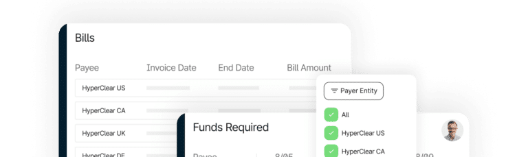 A cropped screenshot shows a digital bills dashboard with payee names, invoice dates, bill amounts, and a selection menu for payer entities.