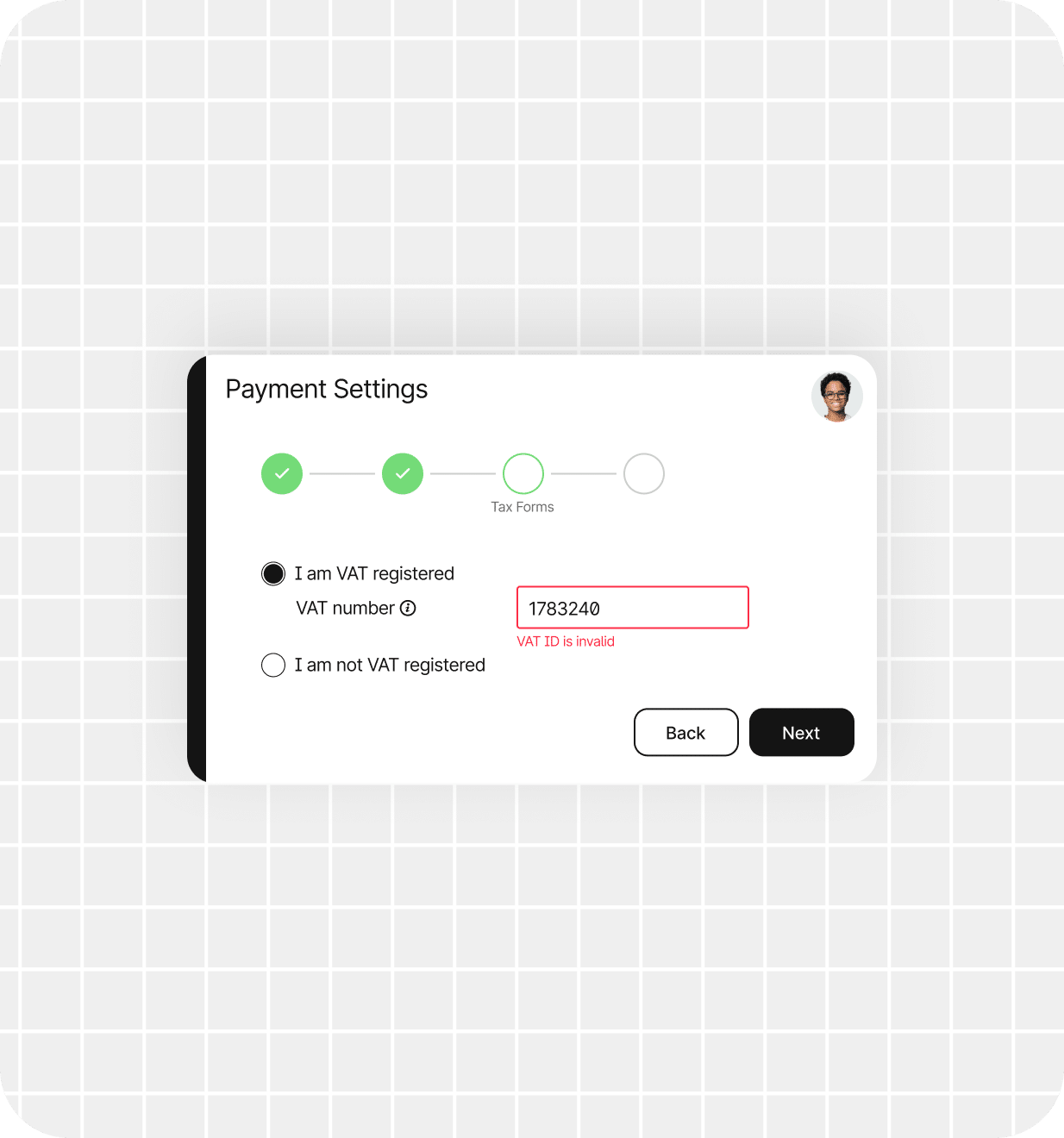 Payment settings form showing a VAT number entry with an error message in red stating "VAT ID is invalid"; user has selected "I am VAT registered.