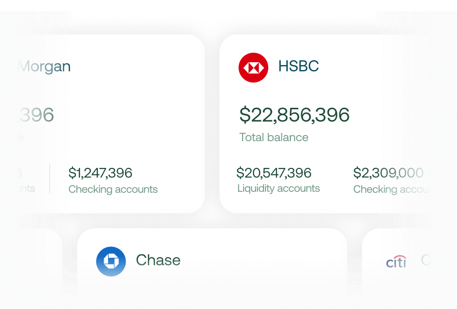 Screenshot displaying bank account summaries for HSBC, Chase, and others, showing balances for total, liquidity, and checking accounts. HSBC total balance is $22,856,396.