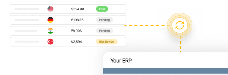 A list of payments shows amounts in USD, EUR, INR, and TRY with statuses: Paid, Pending, and Risk Review, connected to an ERP system icon.