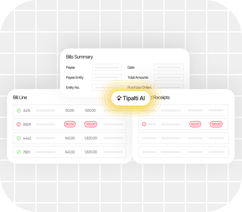 A digital dashboard showing bills summary, bill line items, and receipts, with a highlighted "Tipalti AI" button in the center.