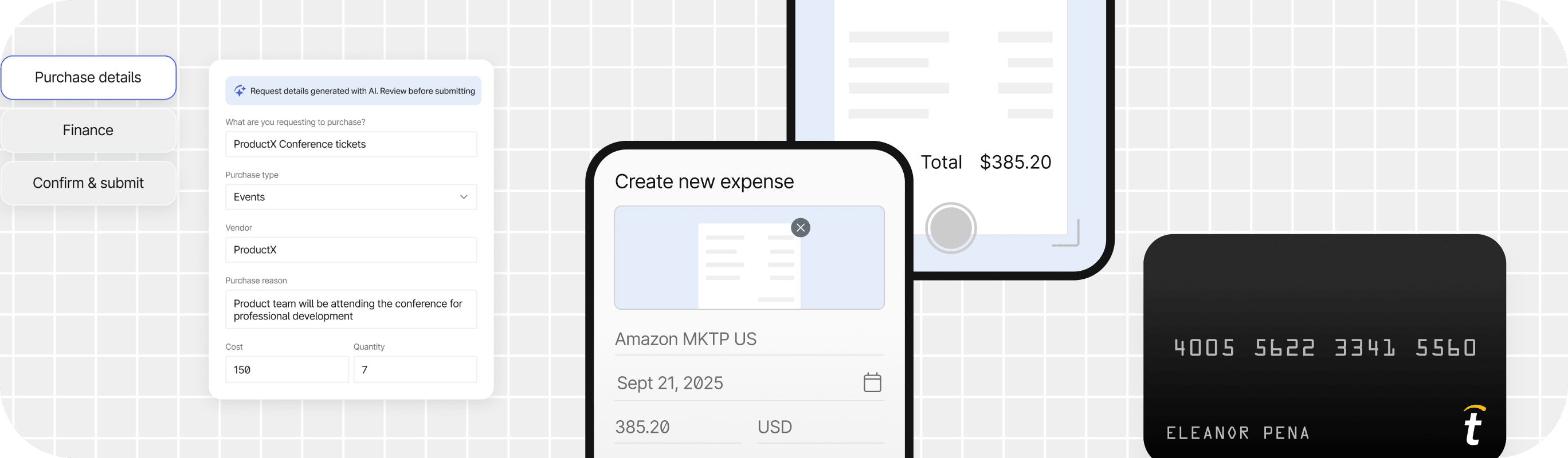 A digital interface displays expense management features, including forms for purchase details, expense creation, a receipt, and a credit card against a grid background.