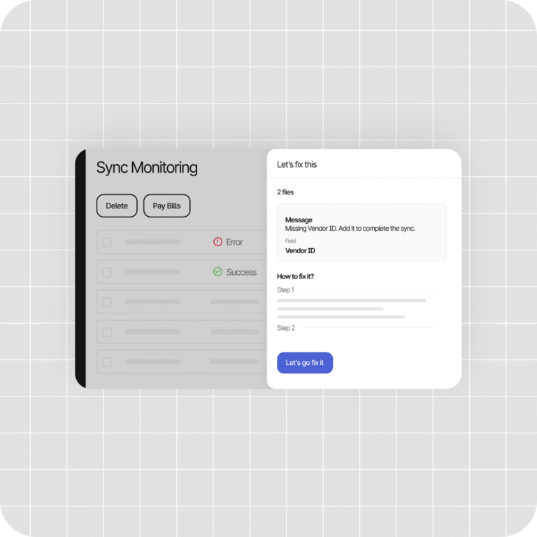 A digital interface displays a "Sync Monitoring" panel with status indicators and a "Let's fix this" pop-up, showing a missing Vendor ID error and steps to resolve it—highlighting how ai agents in finance streamline issue detection and resolution.