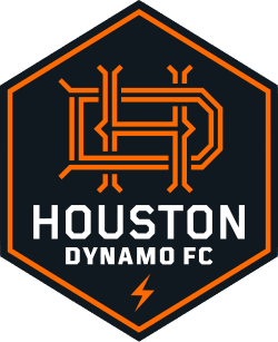Houston Dynamo FC logo featuring orange geometric lines forming "HD," with the team name below on a black hexagon background, a small lightning bolt at the bottom, and subtle nods to ap automation in its sleek, modern design.