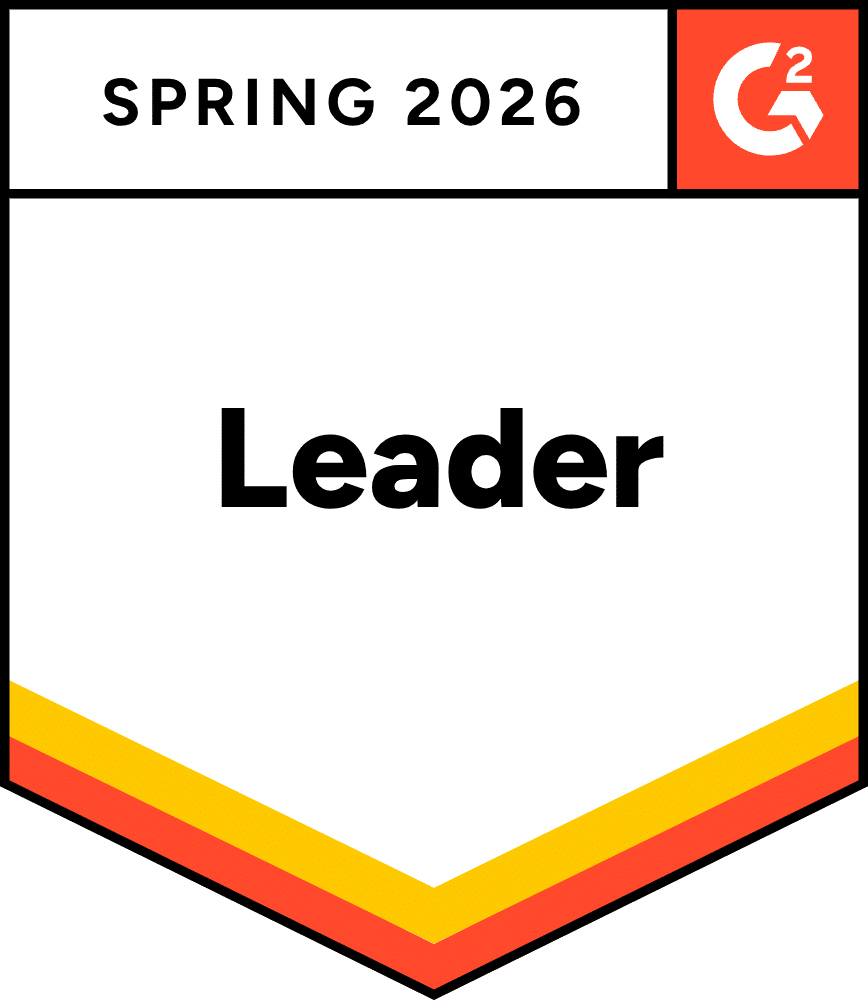 G2 badge for Spring 2026 with the word "Leader" in bold black text, featuring orange and yellow stripes at the bottom.