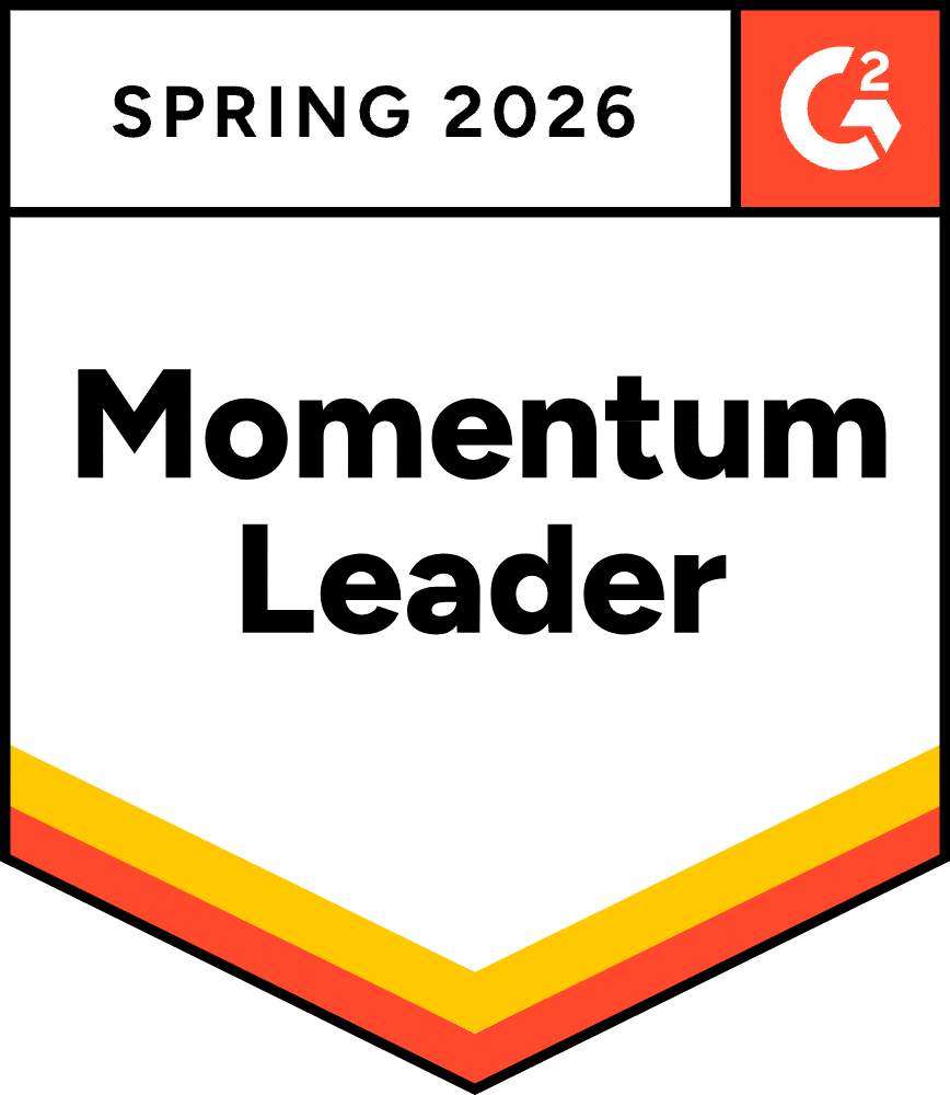 Badge with "Spring 2026 G2 Momentum Leader" text, featuring a red G2 logo and layered yellow, orange, and red stripes at the bottom.