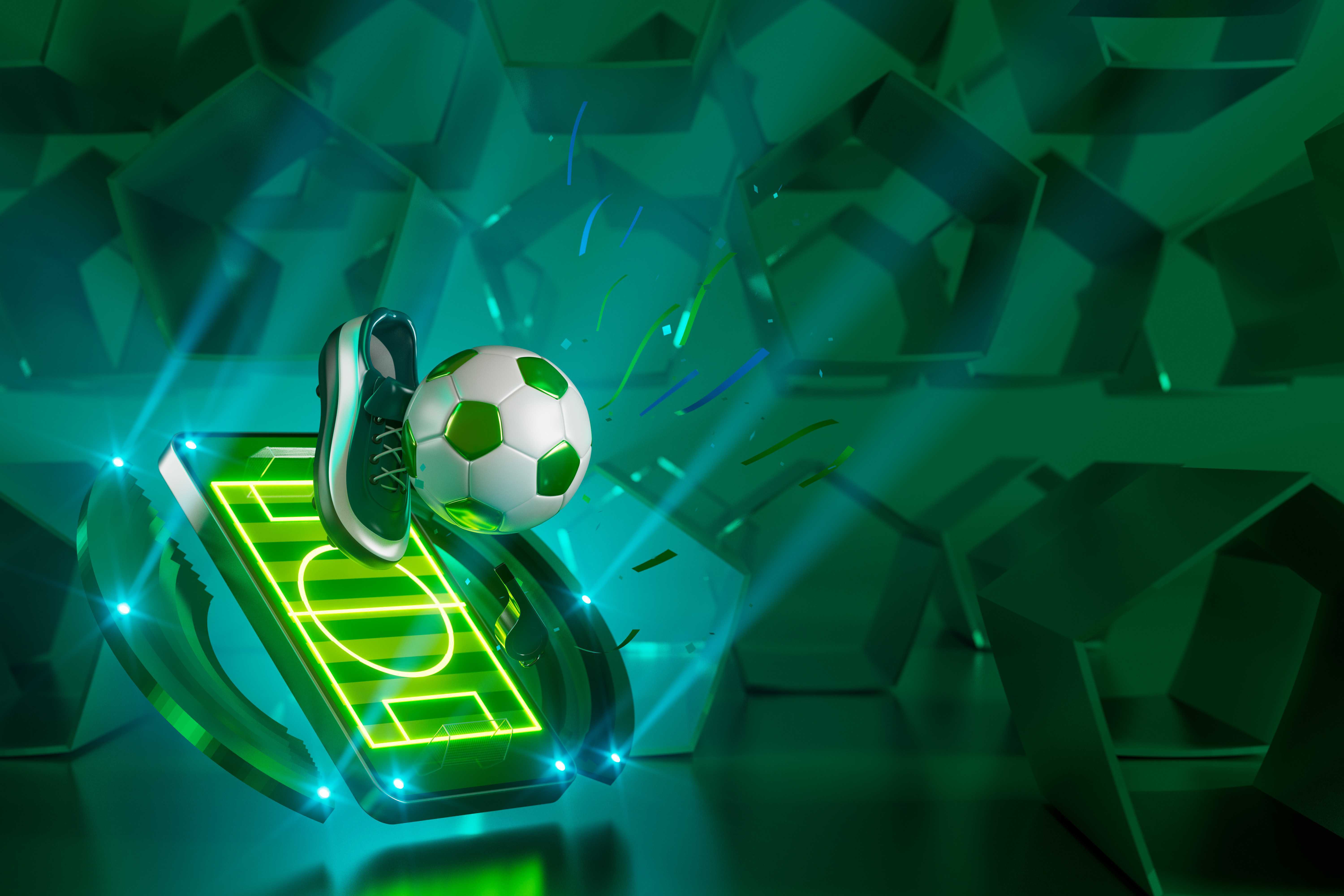 A digital soccer field glows on a smartphone screen with a soccer ball and shoe beside it, set against a green geometric background with light effects.