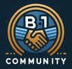 Circular logo with "B-1" above two hands shaking, surrounded by gold and blue lines. The word "COMMUNITY" appears at the bottom.