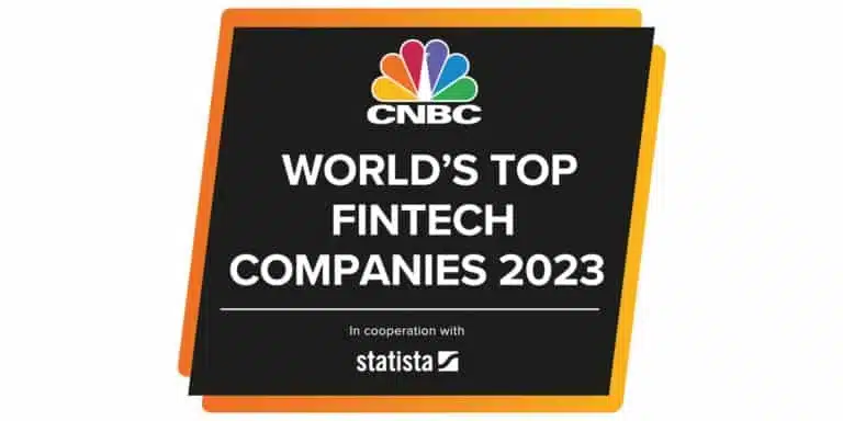 CNBC World's Top Fintech Companies 2023 logo, featuring CNBC and Statista branding on a black background with orange border.
