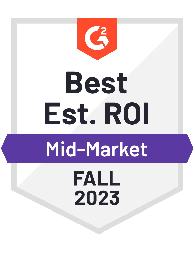 A digital badge reading "G2 Best Est. ROI Mid-Market Fall 2023" in black and purple text on a white shield background.