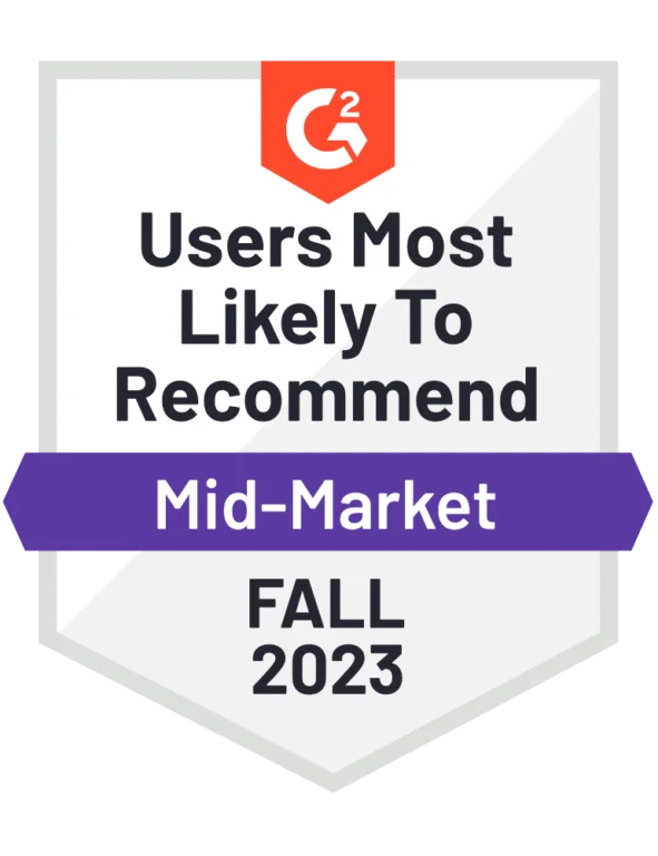 G2 badge reading "Users Most Likely To Recommend, Mid-Market, Fall 2023" with a red G2 logo at the top.