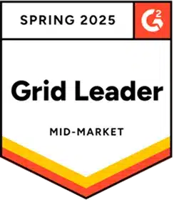 G2 badge for Spring 2025 showing "Grid Leader" in the Mid-Market category, with red, yellow, and orange lines at the bottom.