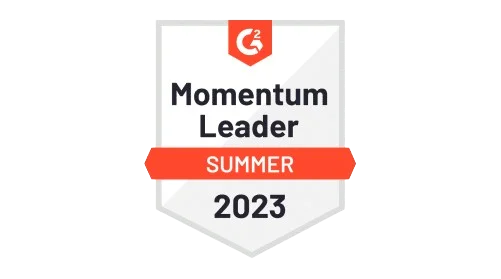 G2 Momentum Leader Summer 2023 badge, featuring a shield design with the G2 logo at the top.