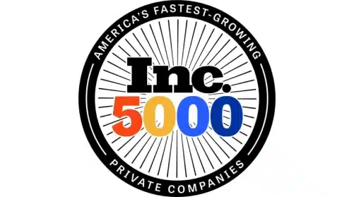 Inc. 5000 logo with the text "America's Fastest-Growing Private Companies" in a black circular border around bold “Inc. 5000” text in black, orange, and blue.