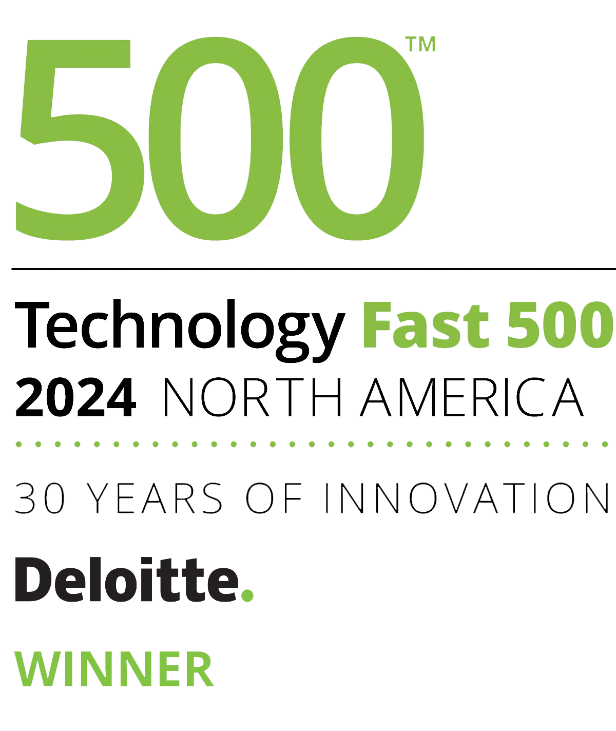 Logo for Deloitte Technology Fast 500 North America 2024, celebrating 30 years of innovation, with "WINNER" written at the bottom.
