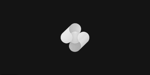 A minimalist, abstract 3D shape with three rounded, white forms overlapping at the center, set against a solid black background.