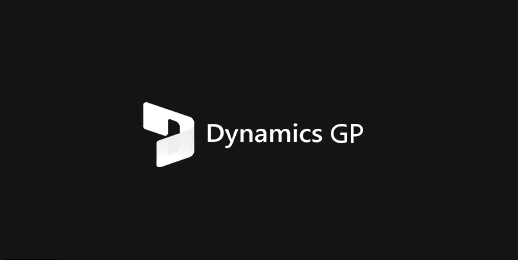The image shows the Dynamics GP logo with a white geometric icon and the text "Dynamics GP" on a black background.