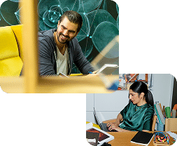 A man smiles while sitting in a yellow chair, and a woman types on a laptop at a desk with office supplies, possibly working on an ai project.