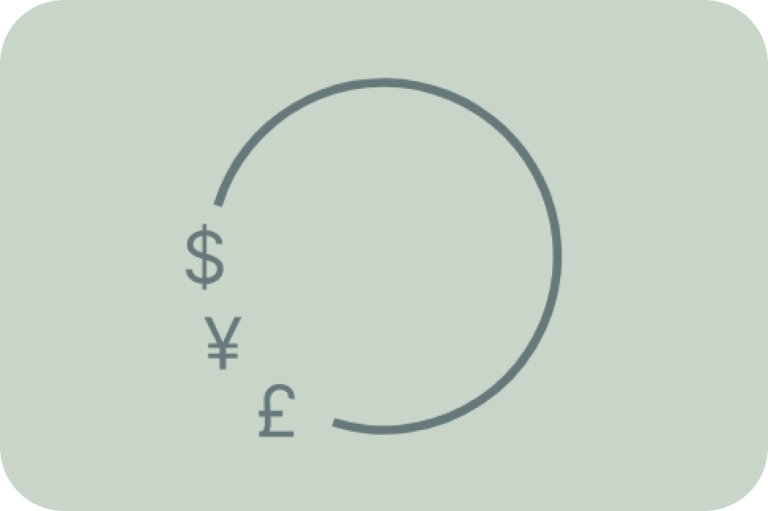 A partial gray circle with dollar, yen, and pound currency symbols arranged vertically along the left side, on a light green background.