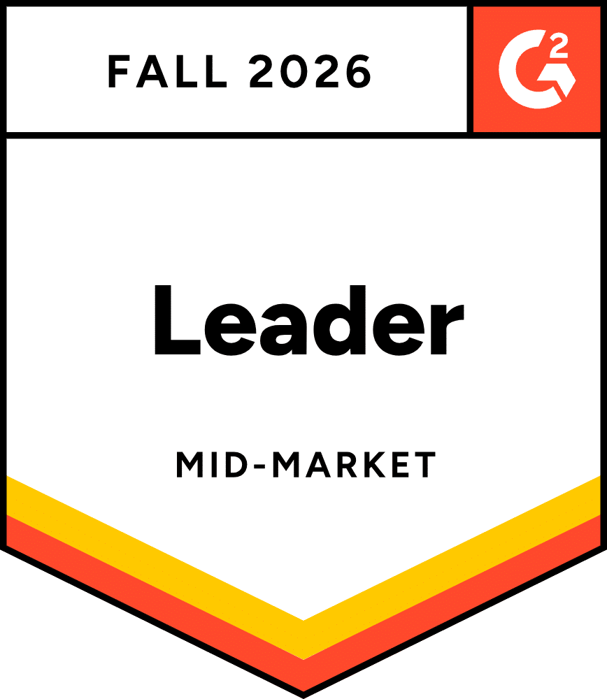 G2 badge for Summer 2025 showing "Grid Leader" in the Mid-Market category, with yellow and orange accents.