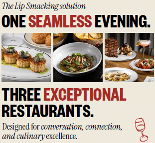 Three dishes and drinks are shown, promoting a seamless evening at three different restaurants, emphasizing conversation, connection, and culinary excellence.